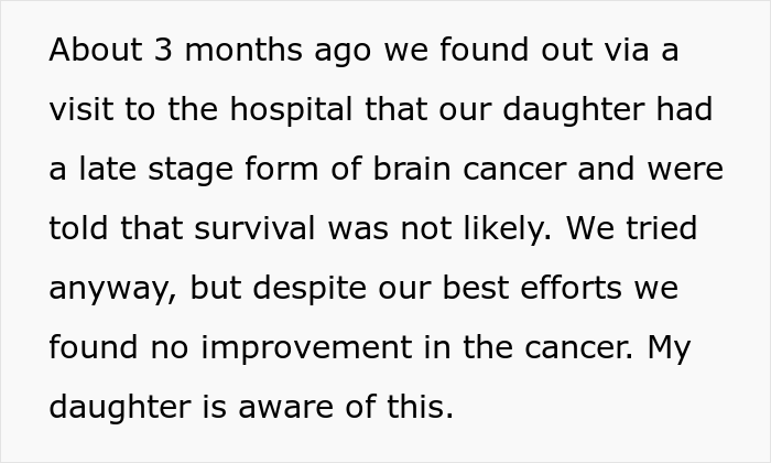 Mom Doesn’t Want Her 16 Y.O. Daughter To Drink And Smoke, But Dad Allows Her Because She's Terminally Ill Mom Doesn’t Want Her 16 Y.O. Daughter To Drink And Smoke, But Dad Allows Her Because She's Terminally Ill