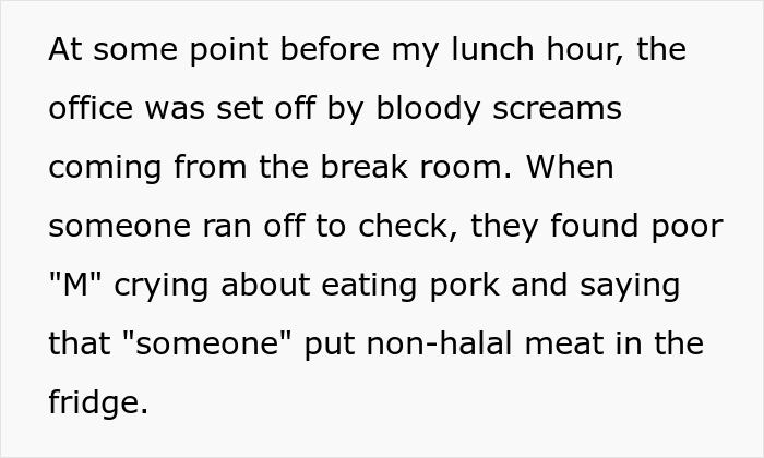 Muslim "Lunch bagger" Keeps eating partner's food because "It's clean."so they decide to bring a pork sandwich, office drama ensues.