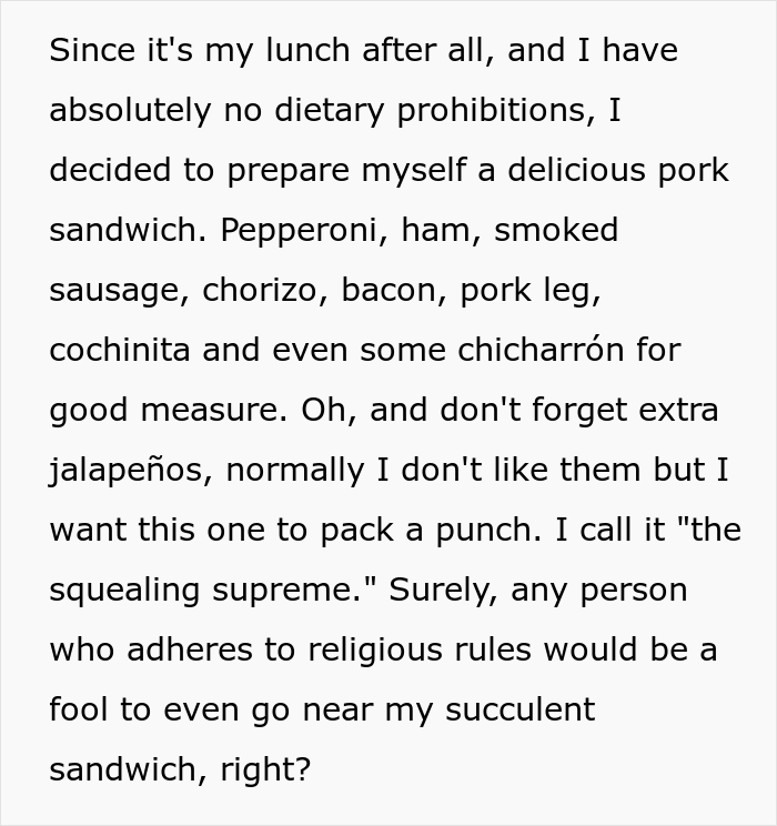 Muslim "Lunch bagger" Keeps eating partner's food because "It's clean."so they decide to bring a pork sandwich, office drama ensues.
