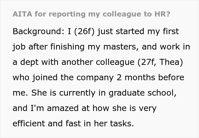 26 Y.O. Woman Reports Her Coworker To HR For Creating "An Overly Hostile Work Environment," Folks Online Call Her The Jerk 26 Y.O. Woman Reports Her Coworker To HR For Creating "An Overly Hostile Work Environment," Folks Online Call Her The Jerk