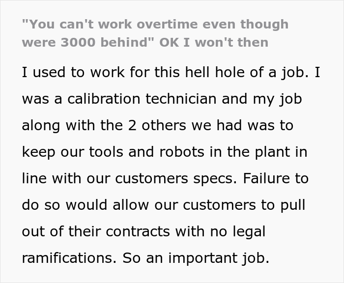 "'You Can't Work Overtime Even Though We're 3000 Behind.' OK, I Won't, Then" "'You Can't Work Overtime Even Though We're 3000 Behind.' OK, I Won't, Then"