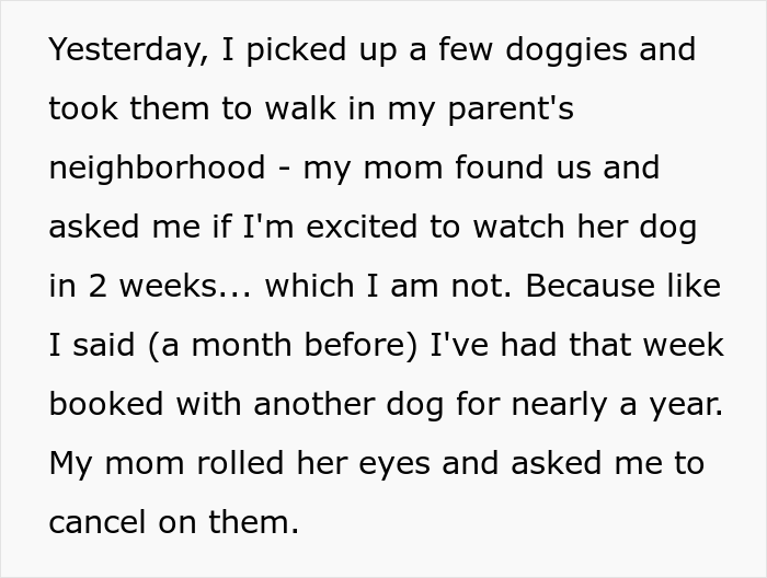 Woman Refuses To Let Down A Client Who Booked A Year In Advance Just So Parents Can Go On A Dog-Free Trip, Gets Called A Jerk Woman Refuses To Let Down A Client Who Booked A Year In Advance Just So Parents Can Go On A Dog-Free Trip, Gets Called A Jerk