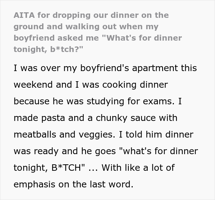 Woman Cooks Dinner For Studying Boyfriend Who “Jokingly” Addresses Her With A Slur, She Drops It On The Rug And Leaves