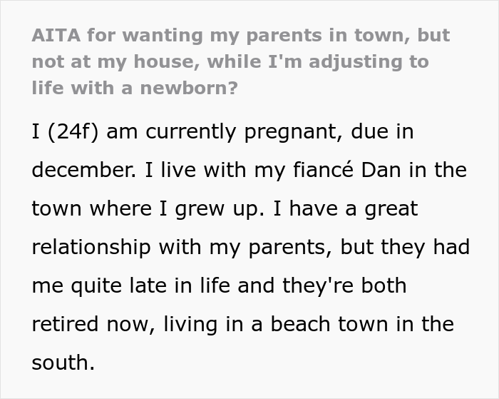 Pregnant woman asks if she is an idiot because she wants her parents to help after childbirth but tells them to look for a hotel