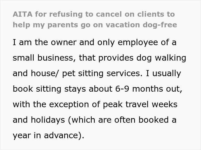Woman Refuses To Let Down A Client Who Booked A Year In Advance Just So Parents Can Go On A Dog-Free Trip, Gets Called A Jerk Woman Refuses To Let Down A Client Who Booked A Year In Advance Just So Parents Can Go On A Dog-Free Trip, Gets Called A Jerk