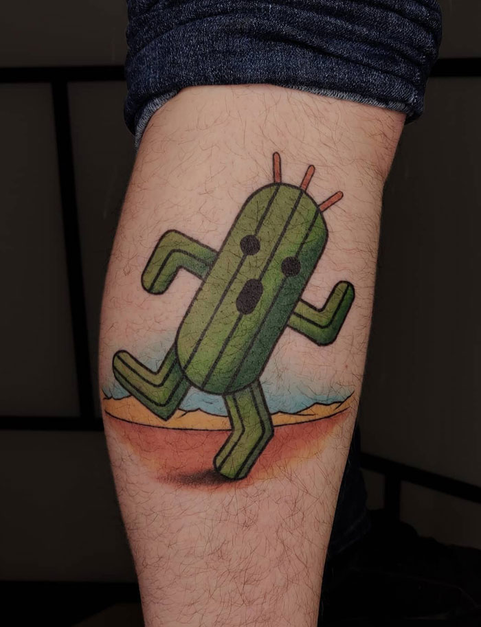 Cactus character calf tattoo design, showcasing unique and cool art.