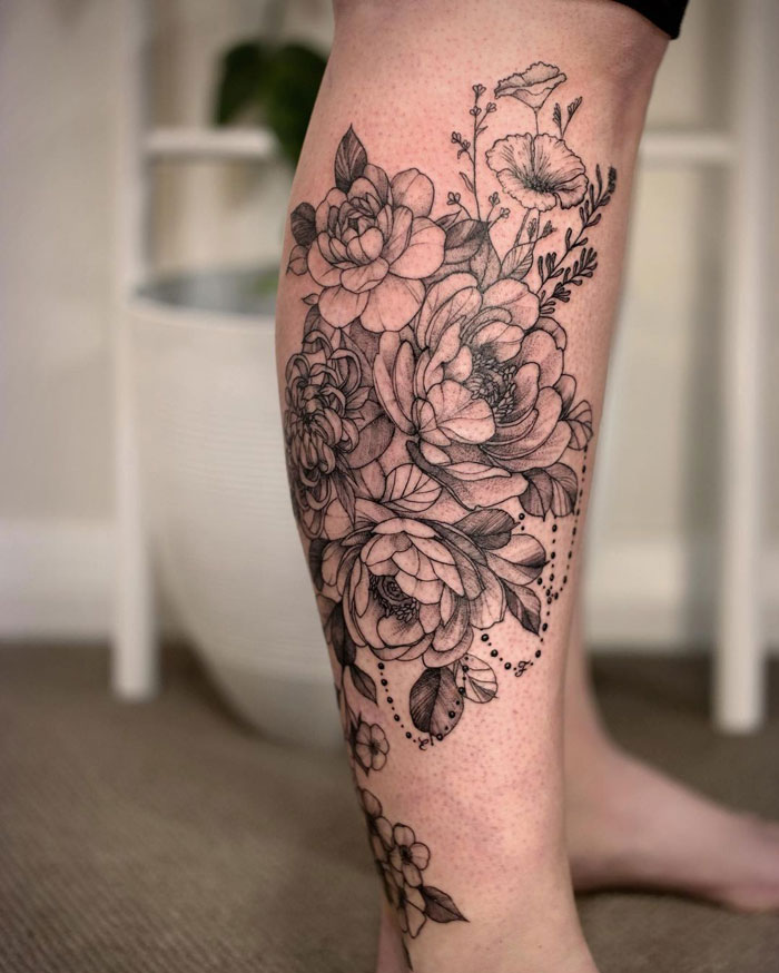 Floral Butterfly Calf  Tattoo and piercing studio in Farnborough  Hampshire Artists specialising in custom black and grey dotwork floral  and cover ups