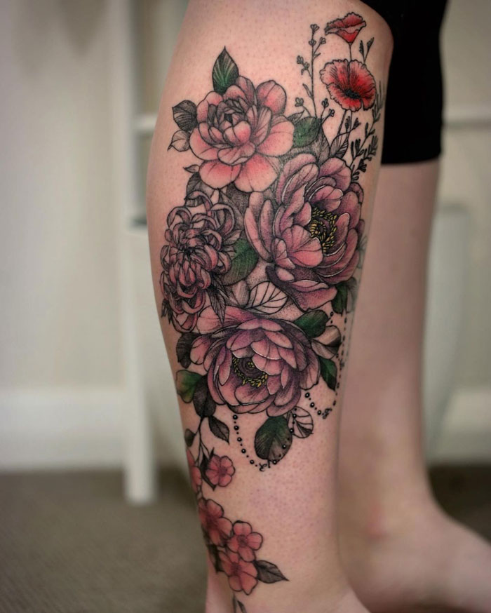 Watercolor calf tattoo