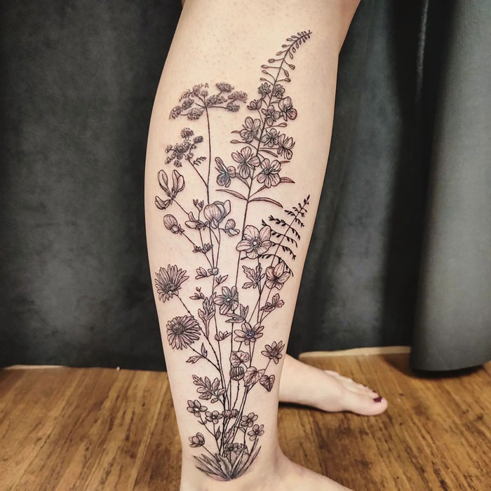 Flowers calf tattoo