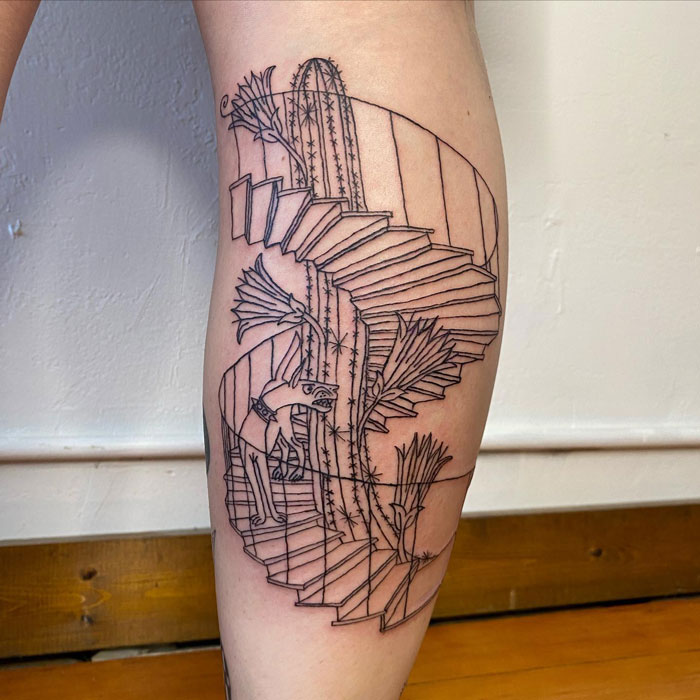 Unique calf tattoo with a detailed staircase and abstract pattern design.