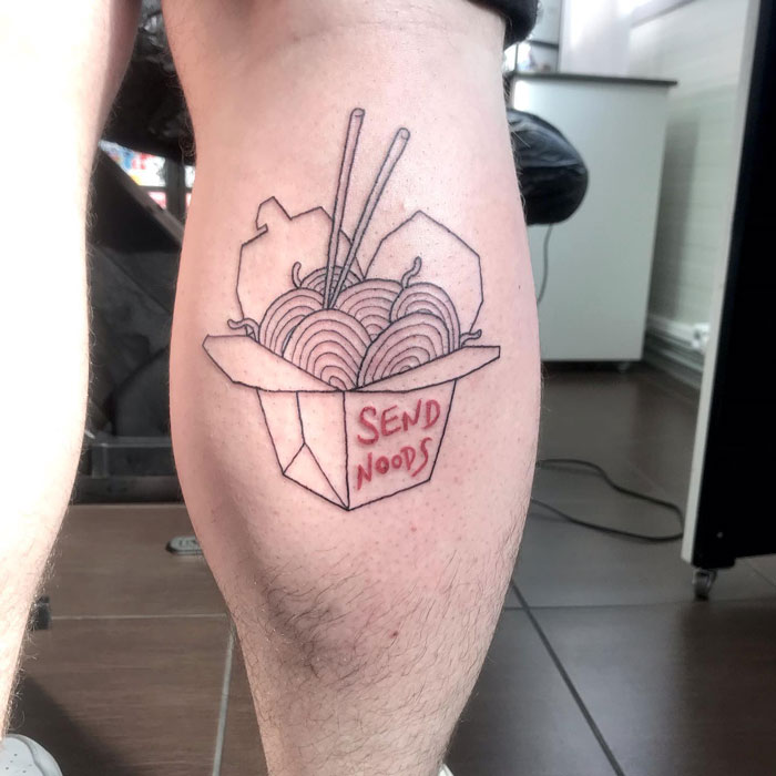 Noodles calf tattoo