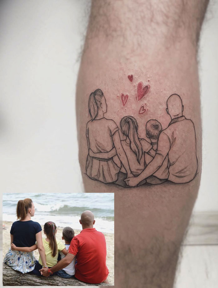 Unique calf tattoo depicting a family sitting together with hearts floating above them.
