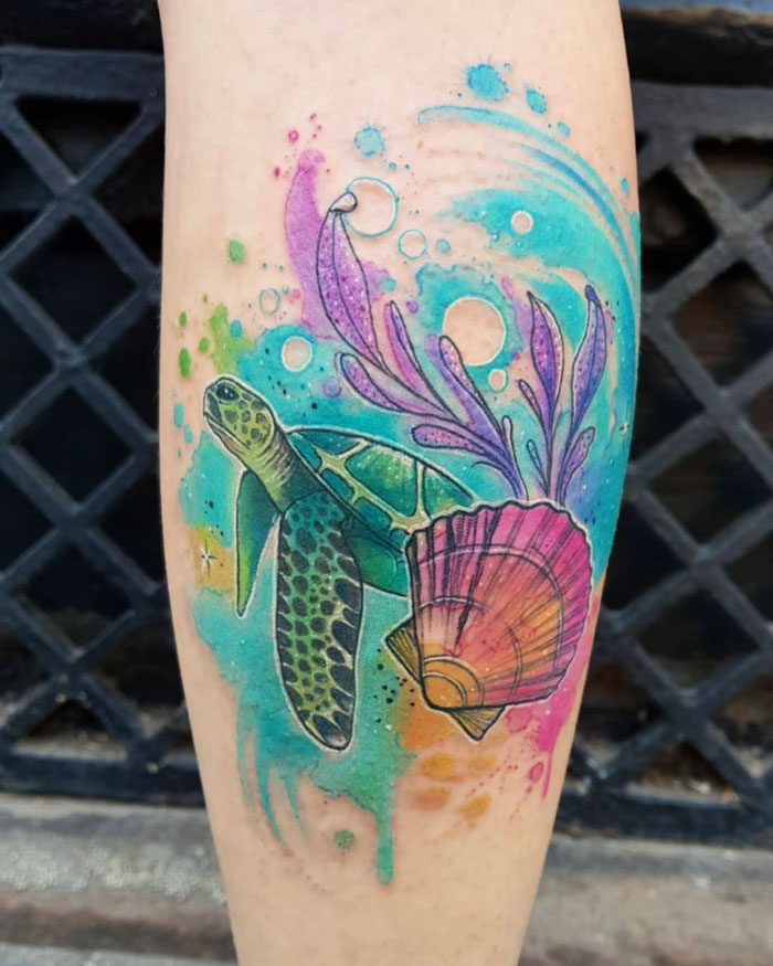 Watercolor turtle calf tattoo