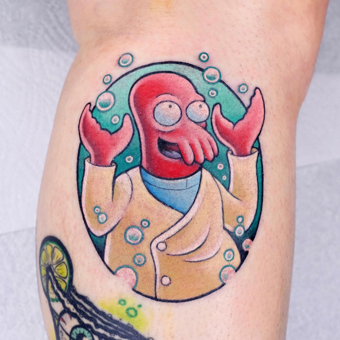 Watercolor Zoidberg calf tattoo