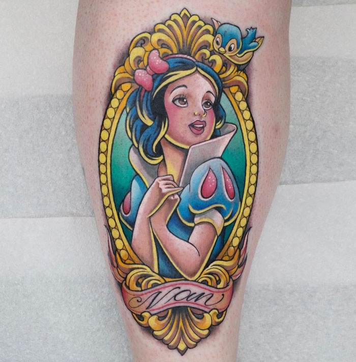 Watercolor Snow White calf tattoo