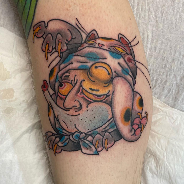 Watercolr Hyotoneko mash up calf tattoo