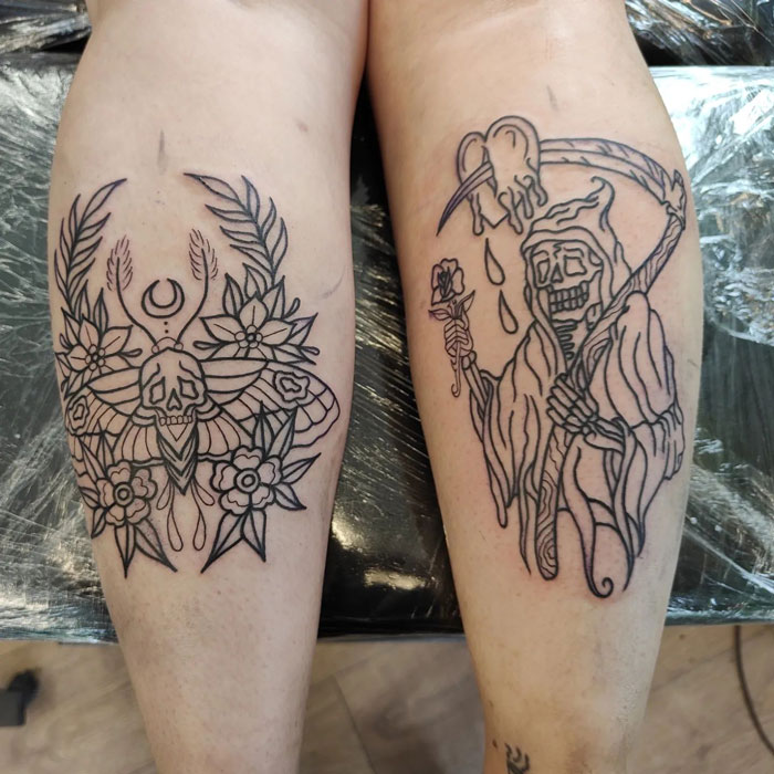 Unique calf tattoos featuring a skeletal reaper and a floral moth design.