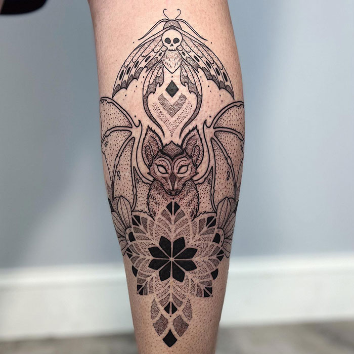 Moth Bath mandala calf tattoo