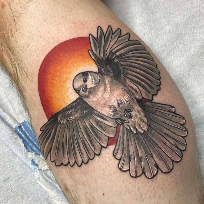 Watercolor grey bird calf tattoo