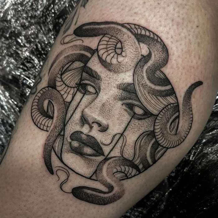 Medusa women calf tattoo