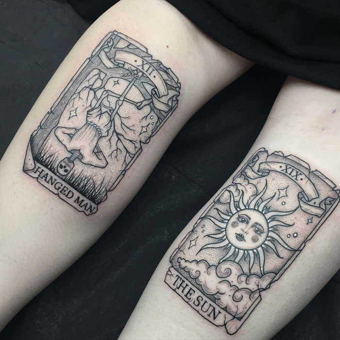 The Hanged Man And The Sun calf tattoo