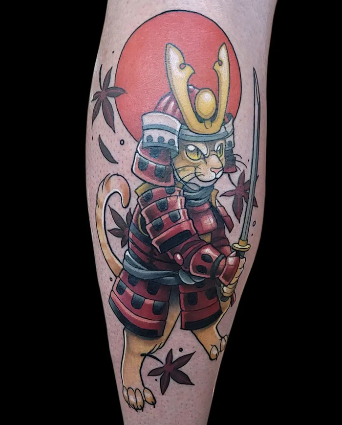 Watercolor samurai calf tattoo