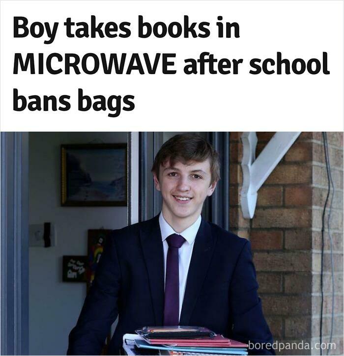 School Boy Takes Microwave To School To Carry Books After School Bans Bags