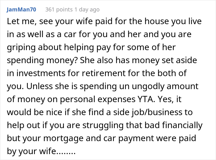 Husband Refuses To Give Jobless Wife Spending Money, Ignoring The Fact That She Used Her Inheritance Money To Buy Them A House And 2 Cars