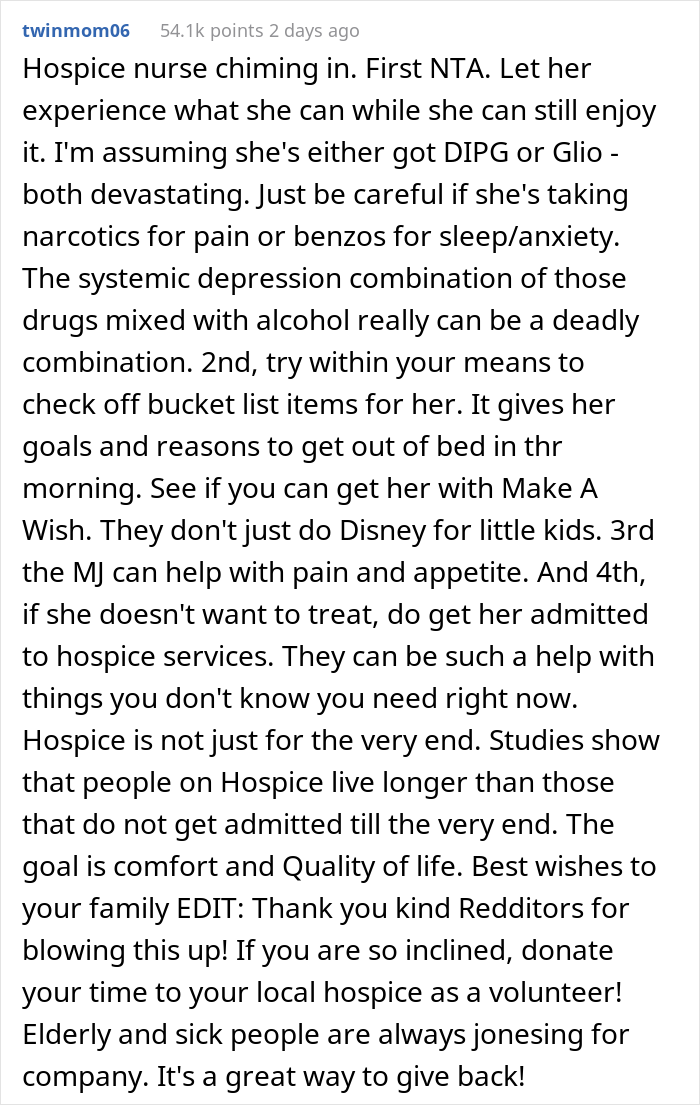 Mom Doesn’t Want Her 16 Y.O. Daughter To Drink And Smoke, But Dad Allows Her Because She's Terminally Ill Mom Doesn’t Want Her 16 Y.O. Daughter To Drink And Smoke, But Dad Allows Her Because She's Terminally Ill