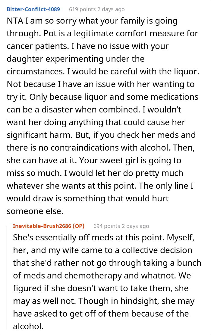 Mom Doesn’t Want Her 16 Y.O. Daughter To Drink And Smoke, But Dad Allows Her Because She's Terminally Ill Mom Doesn’t Want Her 16 Y.O. Daughter To Drink And Smoke, But Dad Allows Her Because She's Terminally Ill