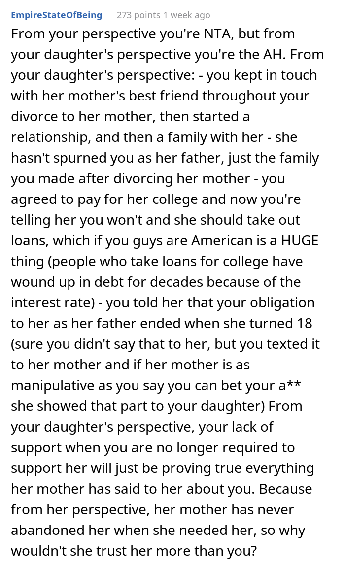 Dad Asks If He's A Jerk For Teaching Daughter A Lesson Of Respect To His New Wife And Kid By Refusing To Pay For Her College