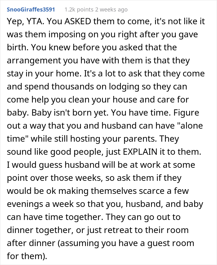 Pregnant Woman Asks For Parents’ Help For A Few Weeks, Refuses To Let Them Stay At Her House Because She Wants Privacy