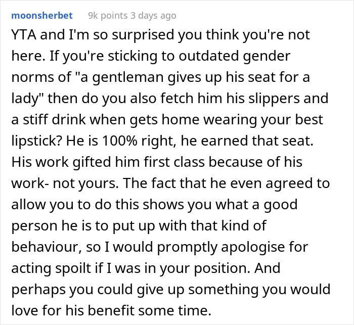 "How Very 1950s Of You": Woman Gets A Reality Check After Taking Husband's First Class Seat And Making Him Fly Coach "How Very 1950s Of You": Woman Gets A Reality Check After Taking Husband's First Class Seat And Making Him Fly Coach
