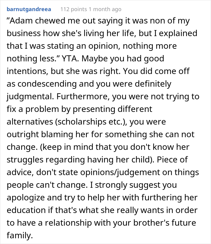 “AITA For Telling My Brother’s Fiancée That The Reason She Couldn’t Get A Degree Was Because Of Her Choice To Be A Mom?”