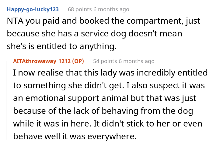 Traveler Is Told She Was Wrong For Asking A Woman With A Service Dog To Leave Her Compartment She Paid For So She Wants The Internet’s Opinion