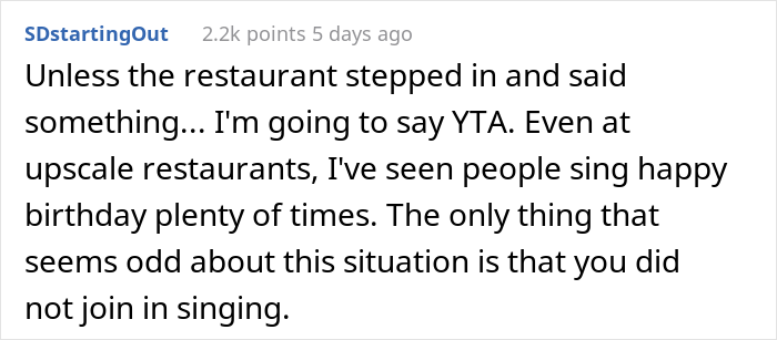 “AITA For Telling My Fiancé He Embarrassed Me When He Started Singing ‘Happy Birthday’ To His 5 Y.O. Son At The Restaurant?” “AITA For Telling My Fiancé He Embarrassed Me When He Started Singing ‘Happy Birthday’ To His 5 Y.O. Son At The Restaurant?”