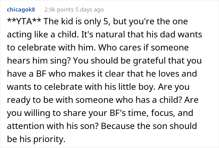 “AITA For Telling My Fiancé He Embarrassed Me When He Started Singing ‘Happy Birthday’ To His 5 Y.O. Son At The Restaurant?” “AITA For Telling My Fiancé He Embarrassed Me When He Started Singing ‘Happy Birthday’ To His 5 Y.O. Son At The Restaurant?”