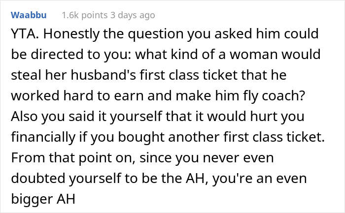 "How Very 1950s Of You": Woman Gets A Reality Check After Taking Husband's First Class Seat And Making Him Fly Coach