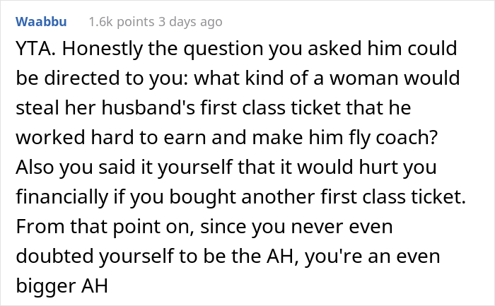 "How Very 1950s Of You": Woman Gets A Reality Check After Taking Husband's First Class Seat And Making Him Fly Coach "How Very 1950s Of You": Woman Gets A Reality Check After Taking Husband's First Class Seat And Making Him Fly Coach