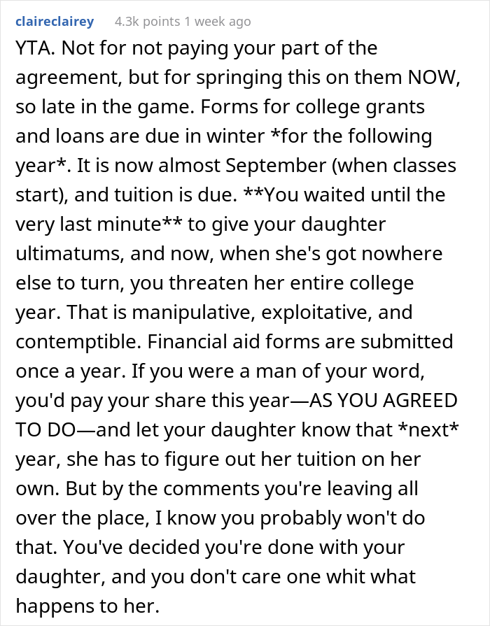 Dad Asks If He's A Jerk For Teaching Daughter A Lesson Of Respect To His New Wife And Kid By Refusing To Pay For Her College