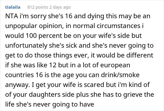 Mom Doesn’t Want Her 16 Y.O. Daughter To Drink And Smoke, But Dad Allows Her Because She's Terminally Ill