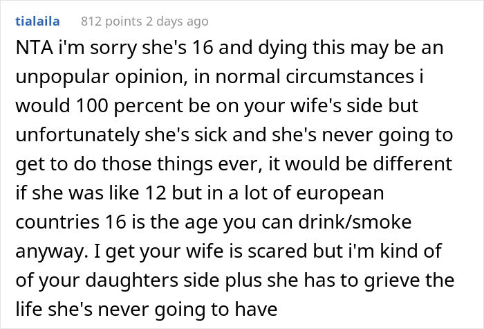Mom Doesn’t Want Her 16 Y.O. Daughter To Drink And Smoke, But Dad Allows Her Because She's Terminally Ill Mom Doesn’t Want Her 16 Y.O. Daughter To Drink And Smoke, But Dad Allows Her Because She's Terminally Ill