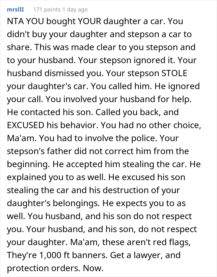 “My Husband Blew Up At Me”: Woman Wonders If She’s Wrong To Have Called The Police On Her Stepson, Who Stole Her Daughter’s Car