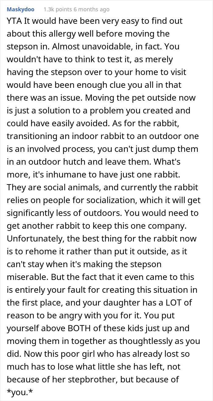 “Am I The Jerk For Making My Daughter Move Her Pet Rabbit Outside Due To My Stepson’s Allergies?”