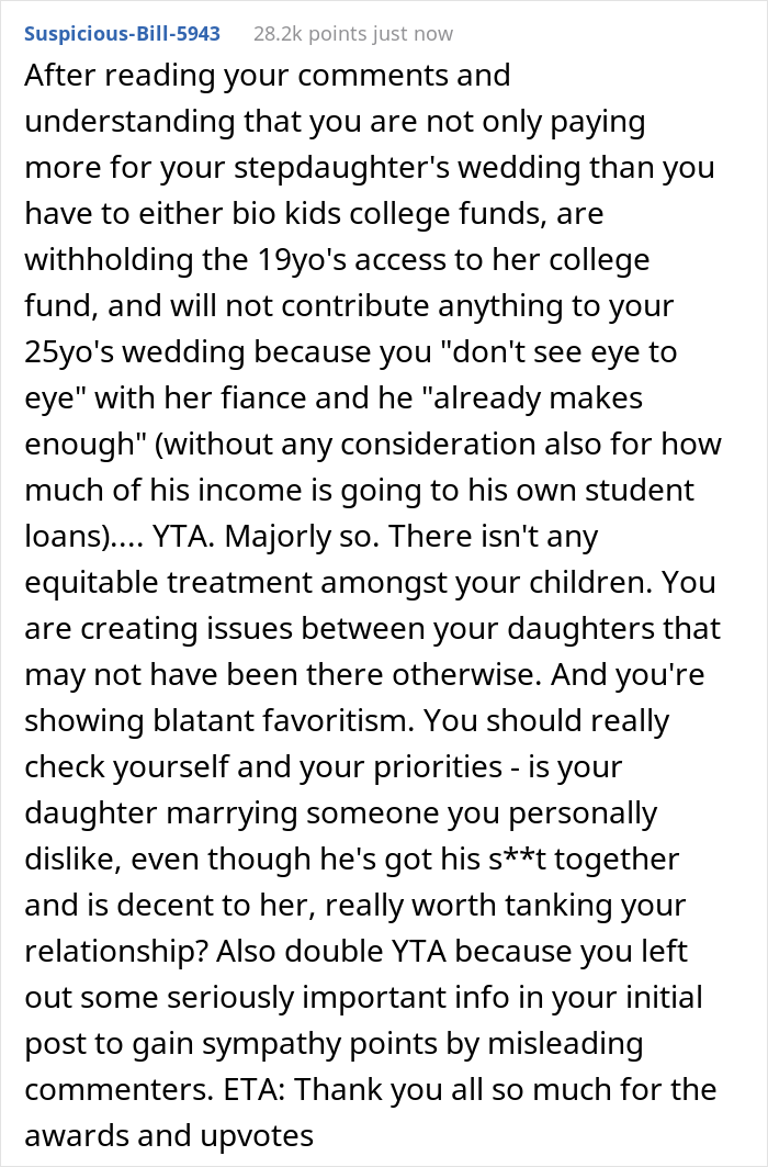 Dad Let His Daughter Know He Won’t Be Paying For Her Wedding And Refuses To Help Her Further With Student Debt, But Contributes To Stepdaughter’s Wedding