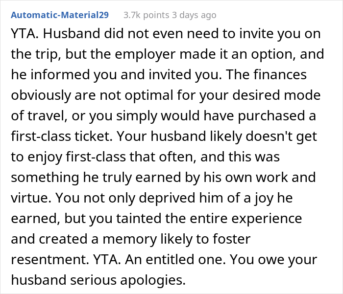 "How Very 1950s Of You": Woman Gets A Reality Check After Taking Husband's First Class Seat And Making Him Fly Coach "How Very 1950s Of You": Woman Gets A Reality Check After Taking Husband's First Class Seat And Making Him Fly Coach