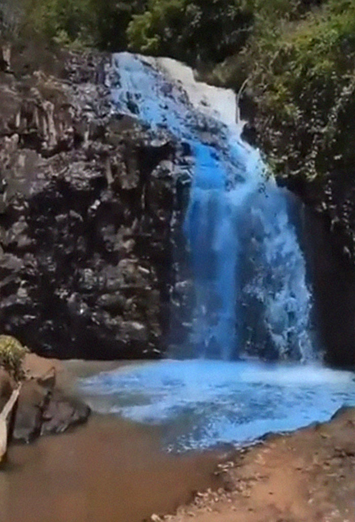 Couple Thought It Was A Good Idea To Dye A Whole Waterfall For Their Gender Reveal Party