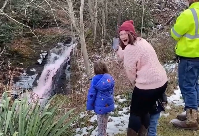 Couple Thought It Was A Good Idea To Dye A Whole Waterfall For Their Gender Reveal Party