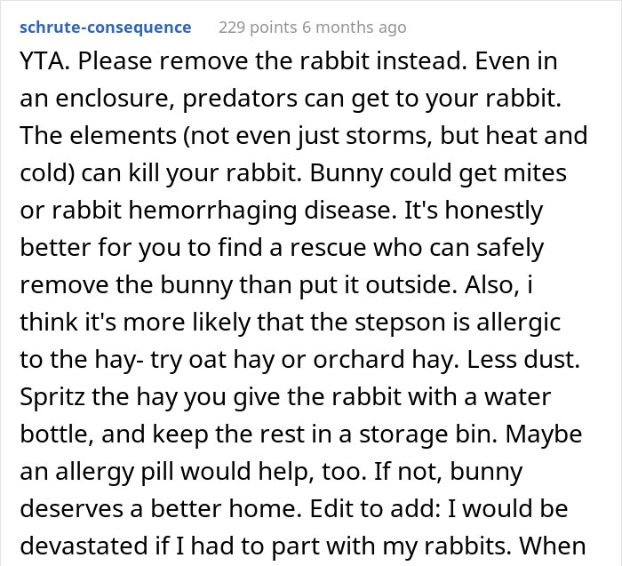“Am I The Jerk For Making My Daughter Move Her Pet Rabbit Outside Due To My Stepson’s Allergies?” “Am I The Jerk For Making My Daughter Move Her Pet Rabbit Outside Due To My Stepson’s Allergies?”
