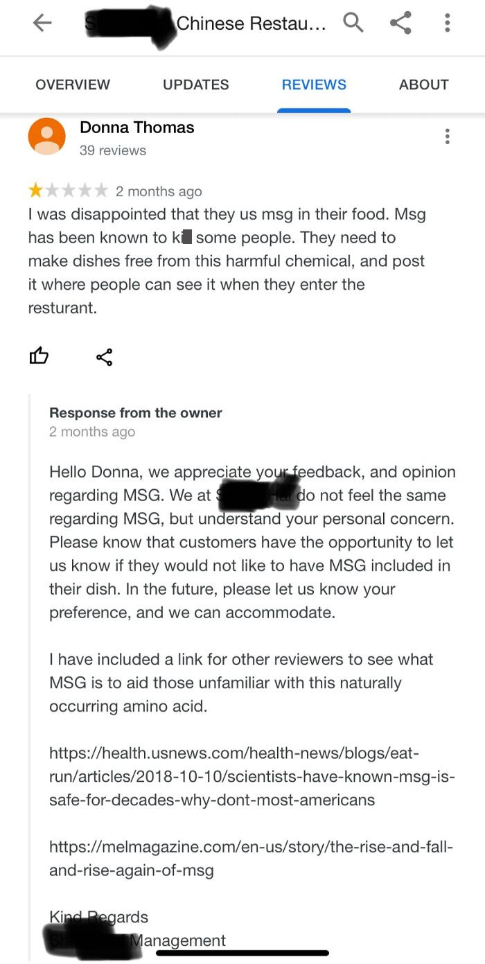 Entitled Client Complains About Chinese Restaurant Using MSG In Their Food, Leaves One Star Review